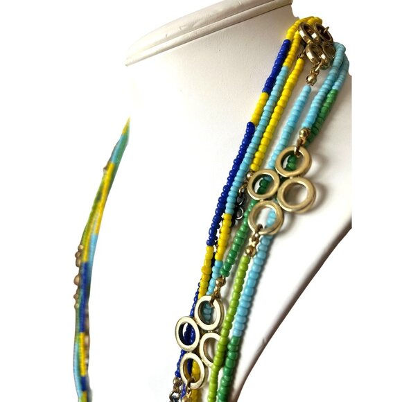 Tory Burch Multi-Strand Vibrant Colored Beaded Necklace Logo Boho Statement Neck - Picture 2 of 7